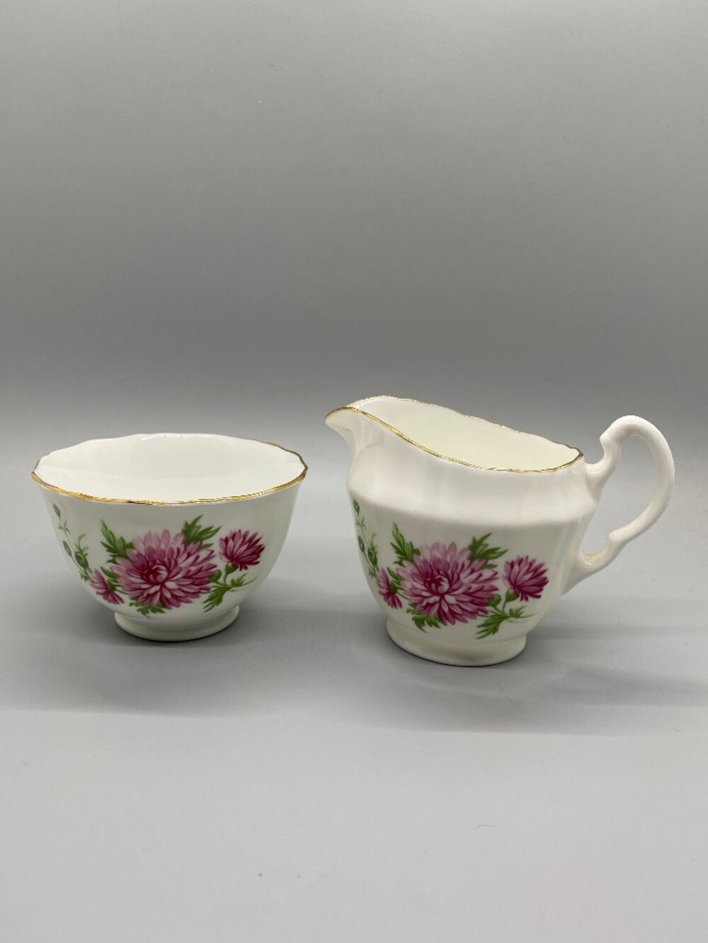 Vintage Adderley England Hand Painted Pink Chrysanthemums Open Sugar Creamer Set